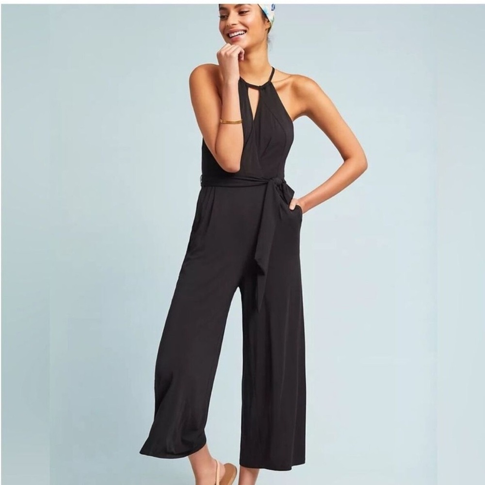 Anthropologie Black Halter Jumpsuit with Wide-Leg Elegance